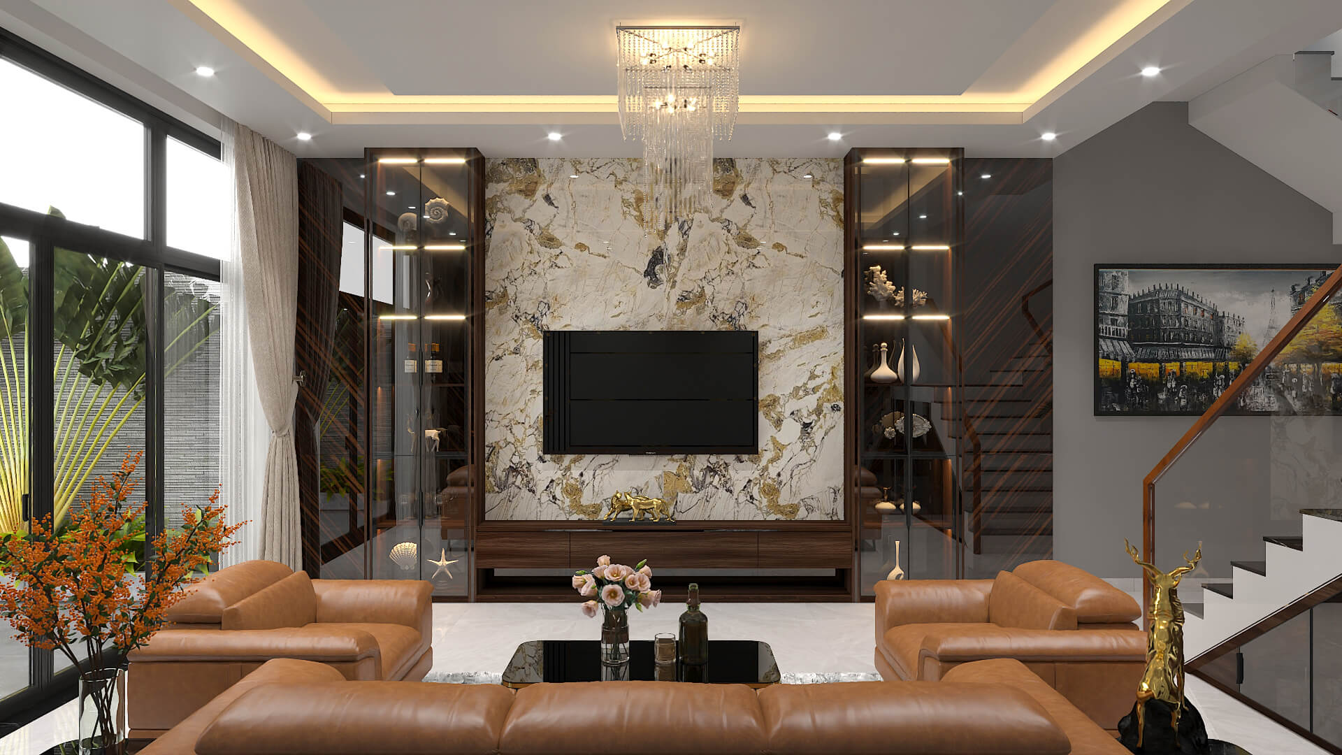 Tủ kính và đá granite tạo nên phong cách sang trọng cho phòng khách