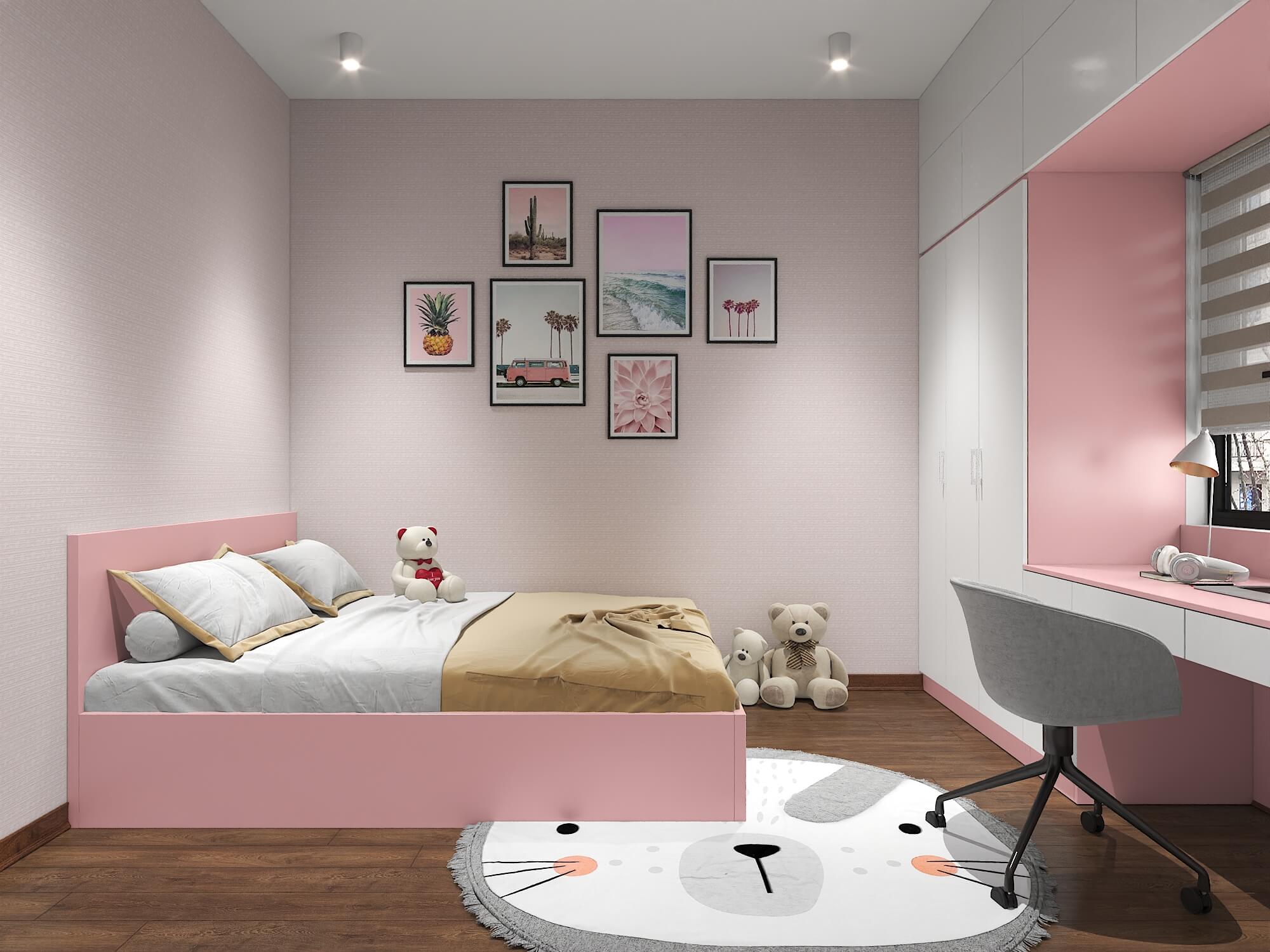 Nội thất thiết kế phòng ngủ với hai màu trắng hồng xinh xắn