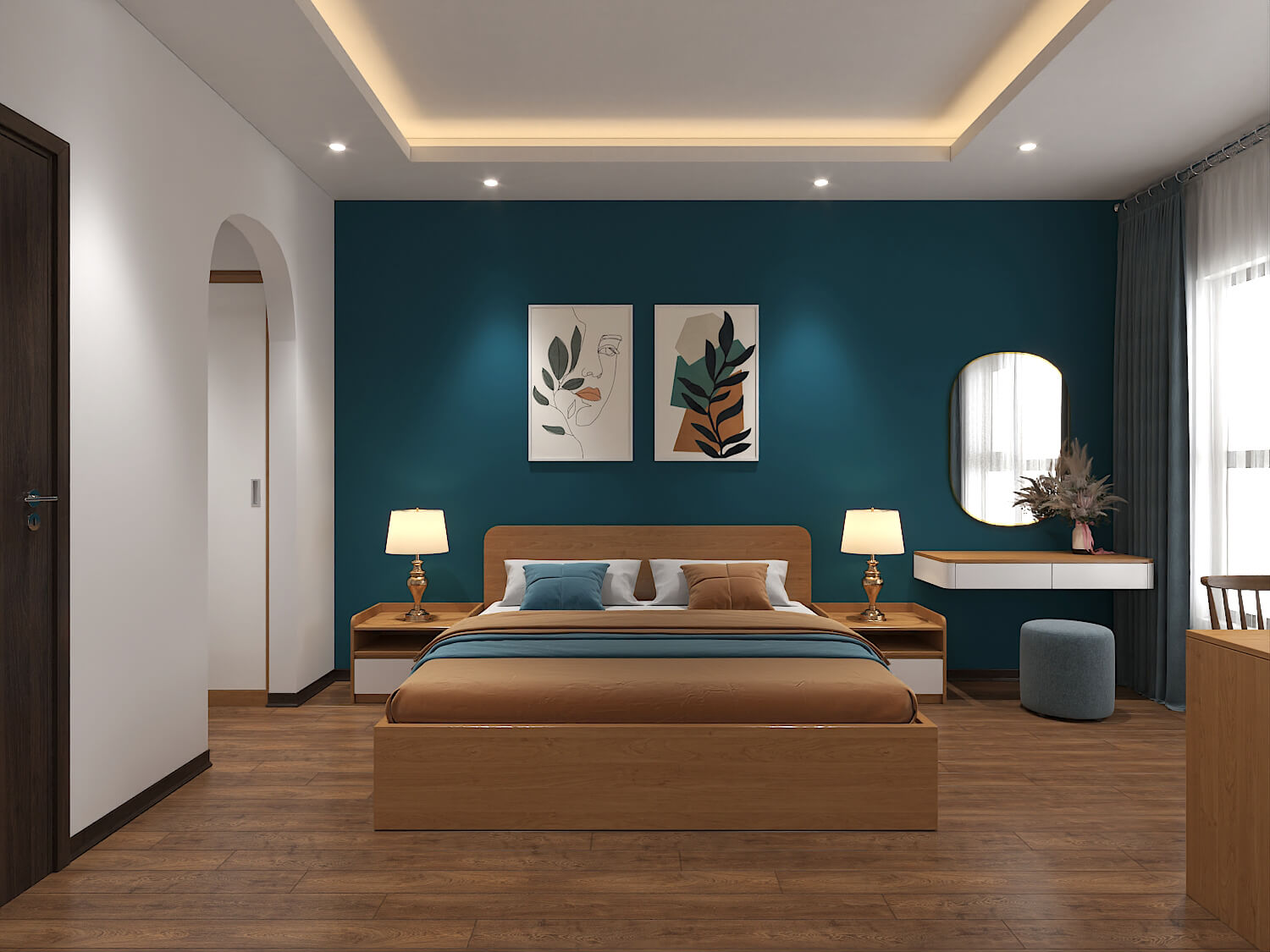 Phòng ngủ lớn với màu xanh đậm phong cách Indochine
