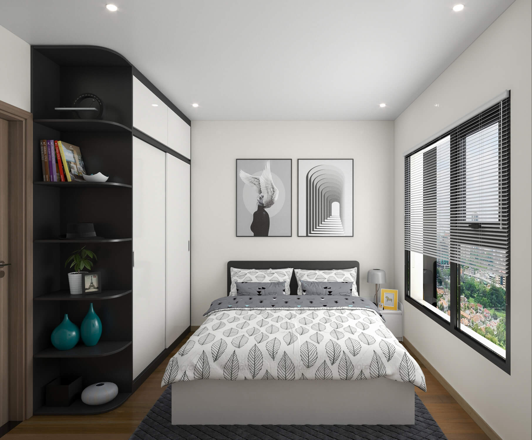 Phòng ngủ được thiết kế với gam màu sáng khiến không gian trở nên rộng rãi hơn