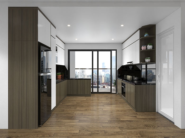Phòng bếp chung cư với tủ bếp song song - mẫu 28