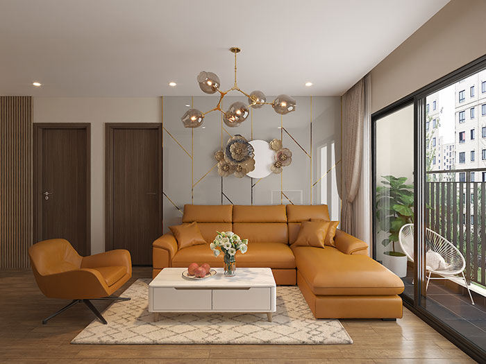 Phòng khách căn hộ sang trọng ấn tượng với sofa da màu vàng