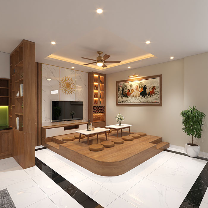 Phòng khách nhà ống 3 tầng với thiết kế phòng khách kiểu Nhật