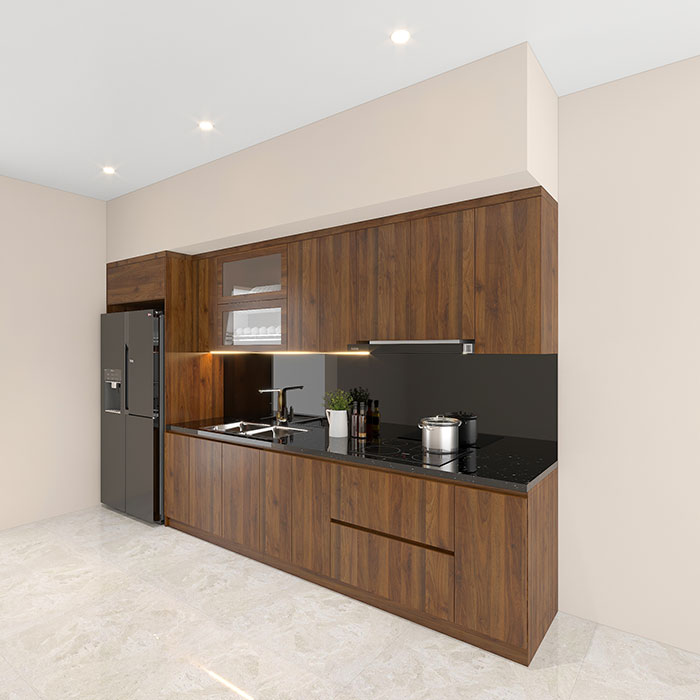 Tủ bếp acrylic vân gỗ chữ i cho chung cư nhỏ