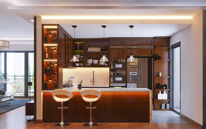 Thiết kế phòng bếp chung cư có quầy bar mini sang trọng