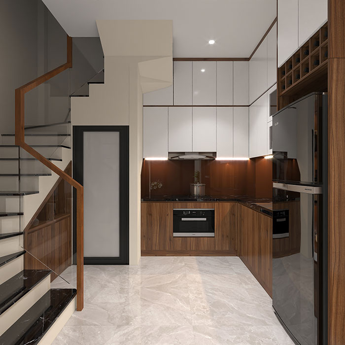 Với diện tích nhà ống chỉ 4m, thiết kế phòng bếp hiện đại sẽ giúp tối ưu hóa không gian sống của bạn. Những chiếc kệ tủ được thiết kế thông minh sẽ giúp bạn sắp xếp đồ đạc một cách tiện ích và gọn gàng hơn. Thêm vào đó, màu sắc trang nhã và tinh tế càng làm cho không gian bếp trở nên đẹp mắt hơn.