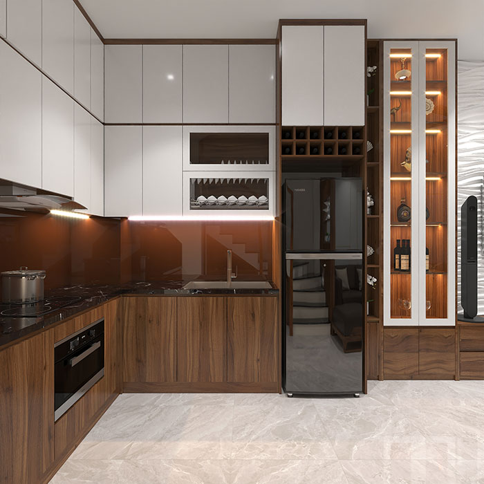 Phòng bếp nhà ống 5m với thiết kế tủ bếp chữ L hiện đại
