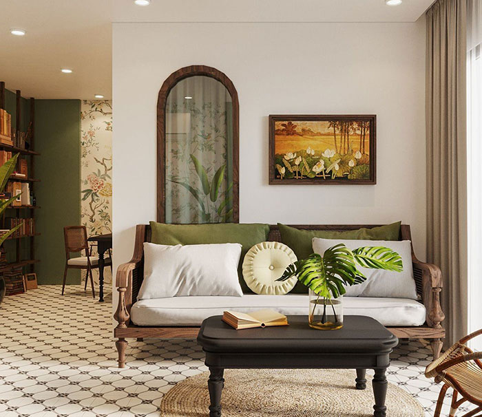 Mẫu thiết kế phòng khách chung cư phong cách Indochine
