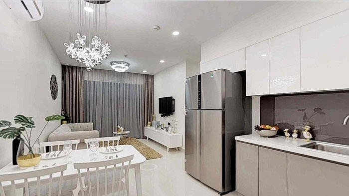 Mẫu phòng khách liền bếp chung cư diện tích 30m2 hiện đại