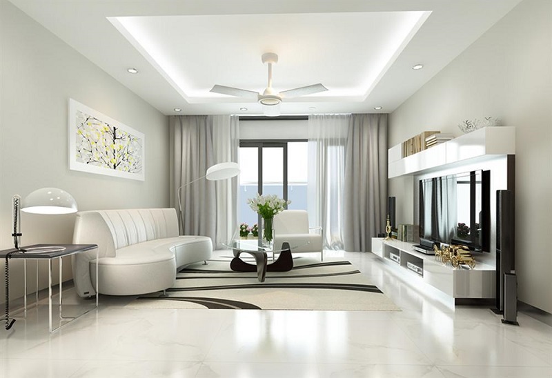 Thiết kế nội thất phòng khách hiện đại, tinh tế với gam màu trắng sang trọng