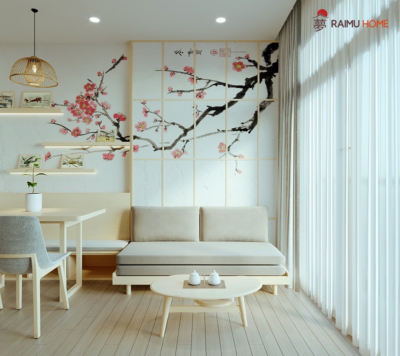 Sự tối giản trong thiết kế phòng khách theo kiểu Nhật kết hợp với gam màu trắng và be tinh tế