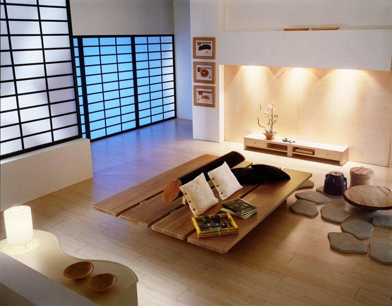 Kiểu bàn ghế và chiếu Tatami- đặc trưng của thiết kế nội thất phòng khách theo phong cách Nhật Bản.