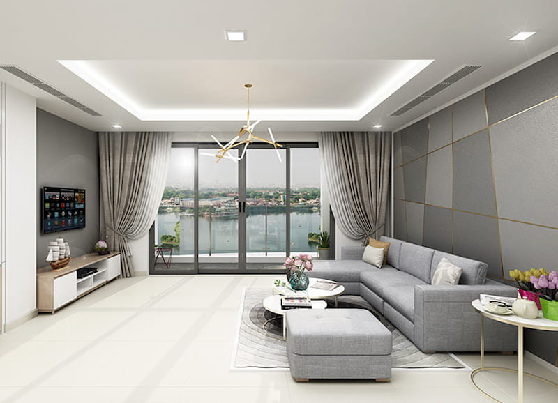 Gam màu trắng xám kết hợp với ánh sáng tự nhiên giúp nội thất phòng khách hiện đại thêm bừng sáng