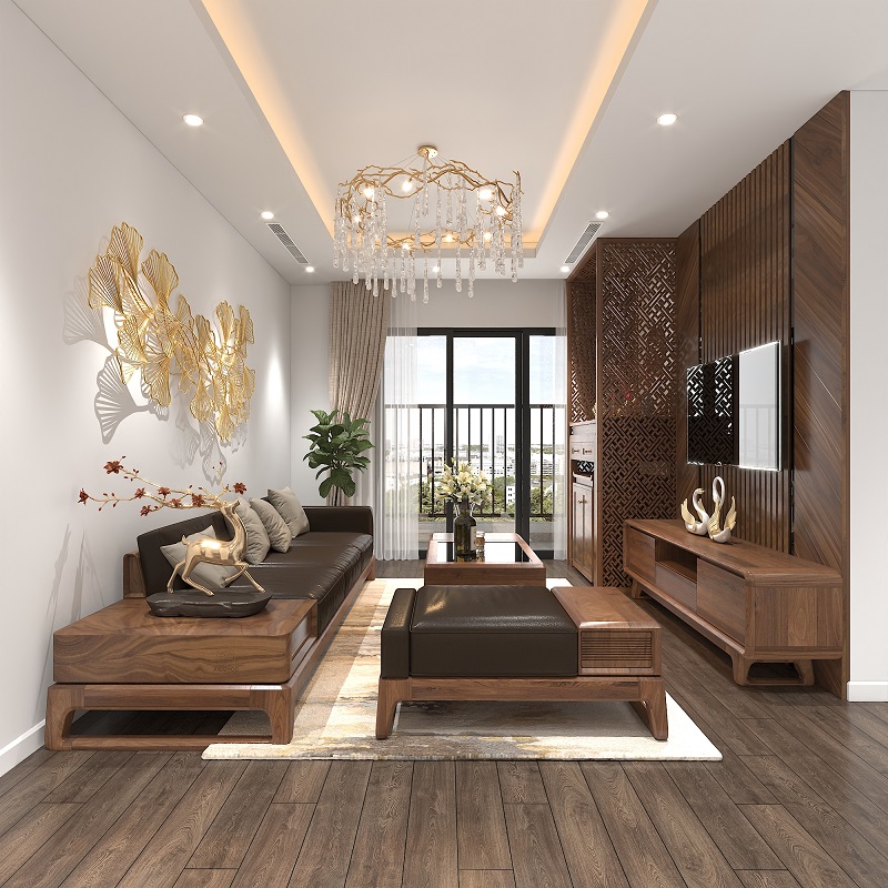 Nội thất phòng khách hiện đại, sang trọng với chất liệu gỗ và bọc da