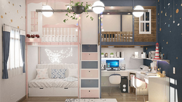 Thiết kế phòng ngủ chung cho bé trai và bé gái với giường tầng thông minh