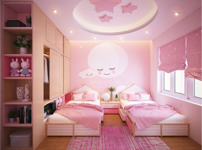 Thiết kế phòng ngủ với 2 giường ngủ song song cho bé gái