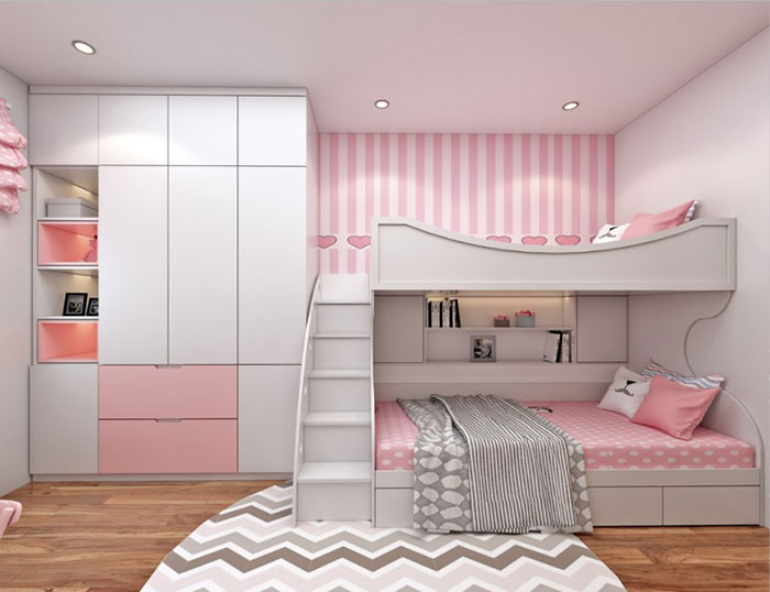 Thiết kế phòng ngủ với giường tầng cho 2 bé gái