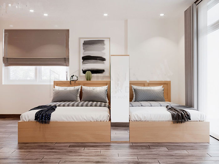 Thiết kế phòng ngủ chung cho bố mẹ và con có 2 giường