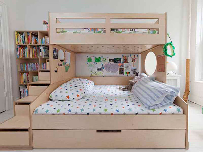 Thiết kế phòng ngủ chung cho bố mẹ và con với kiểu giường tầng