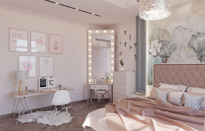 Trang trí nội thất phòng ngủ cho nữ với tranh treo tường, đèn trang trí
