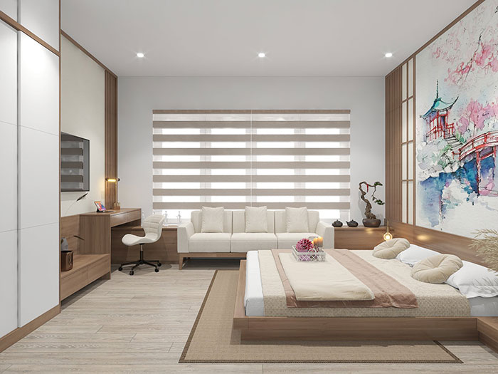 Mẫu phòng ngủ gỗ công nghiệp cho căn hộ chung cư phong cách Nhật Bản