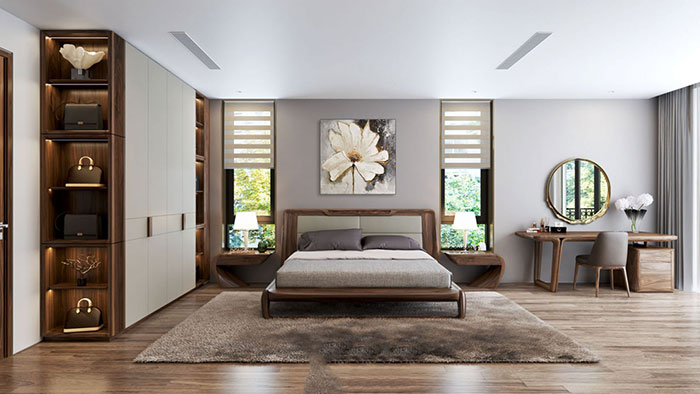 Mẫu thiết kế nội thất phòng ngủ bằng gỗ tự nhiên đẹp, sang trọng