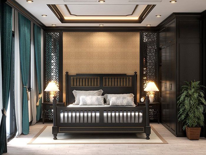 Phòng ngủ phong cách Indochine đẹp, sang trọng