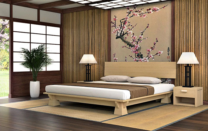 Mẫu 6: Phòng ngủ kiểu Nhật truyền thống với bức tranh hoa anh đào
