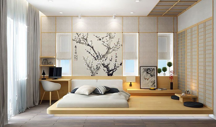 Mẫu 7: Phòng ngủ kiểu Nhật đẹp, hiện đại có bàn làm việc