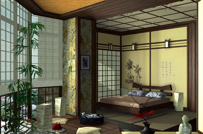 Mẫu 4: Phòng ngủ kiểu Nhật truyền thống với nội thất đơn giản, có cây xanh