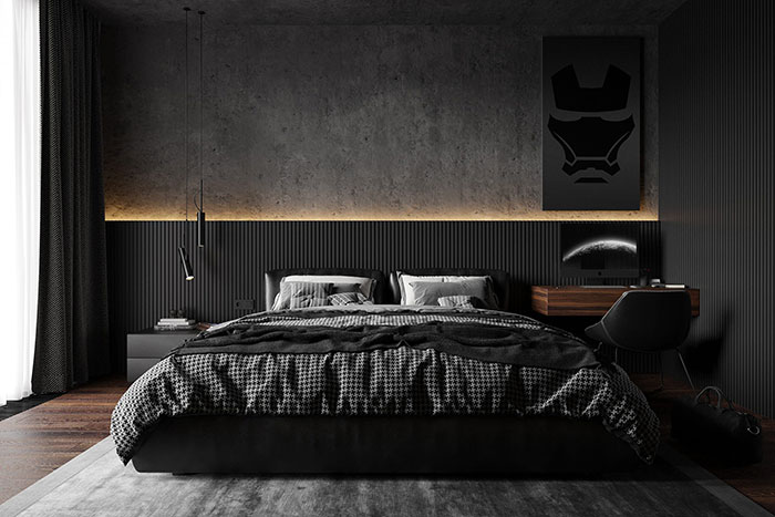 Mẫu thiết kế phòng ngủ màu đen cho nam