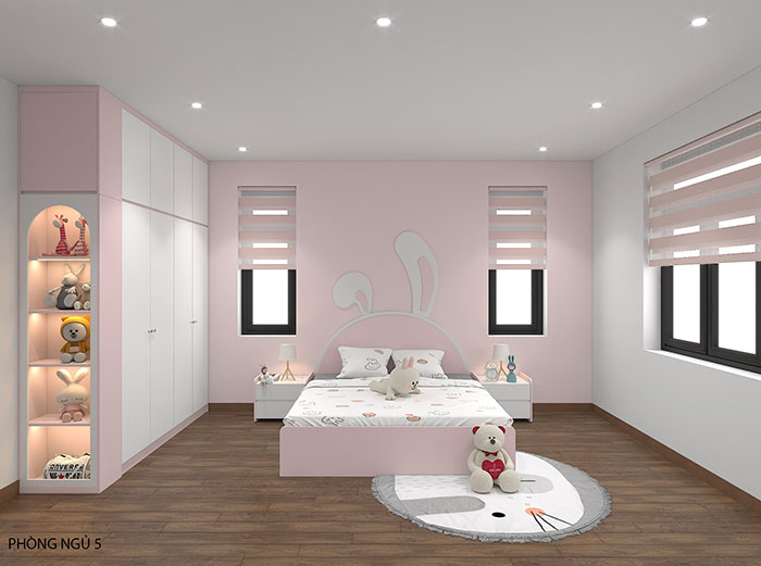 Thiết kế nội thất cho 2 bé gái với màu trắng hồng
