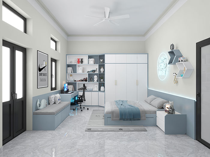 Mẫu 12: Phòng ngủ màu trắng xanh cho bé trai