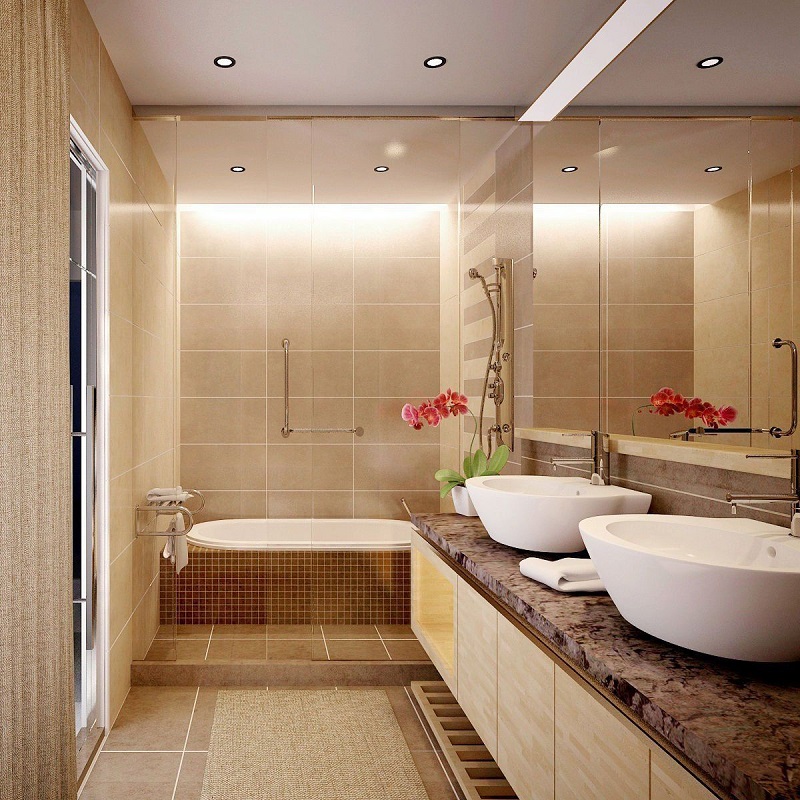 Thiết kế nội thất phòng tắm với hai chậu rửa mặt và bồn tắm tiện nghi