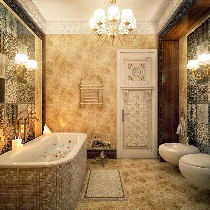 Nội thất phòng tắm theo phong cách Luxury, kết hợp đèn chùm sang trọng cho diện tích 6m2