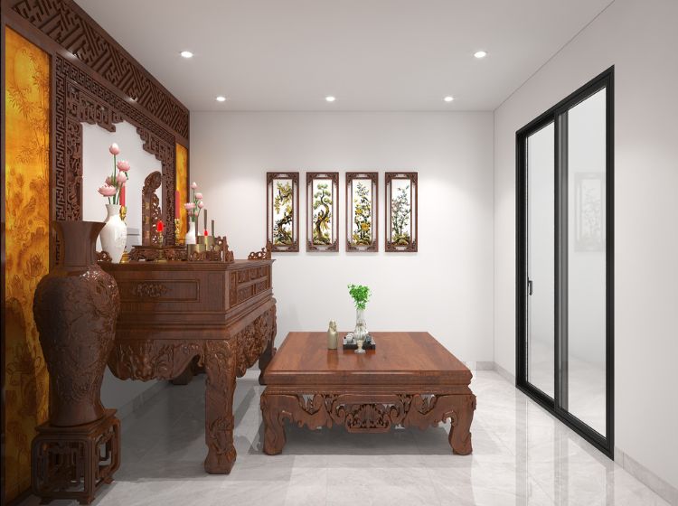 Nội thất phòng thờ biệt thự với thiết kế giản đơn, thanh lịch.