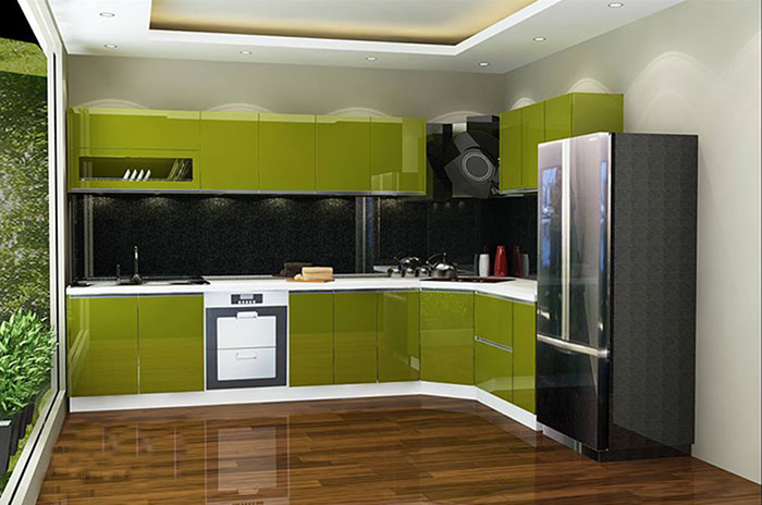 Mẫu tủ bếp Acrylic màu xanh lá làm bừng sáng không gian bếp