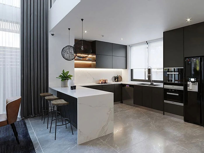 Tủ bếp phủ bóng acrylic màu đen có bàn đảo hiện đại và tiện nghi