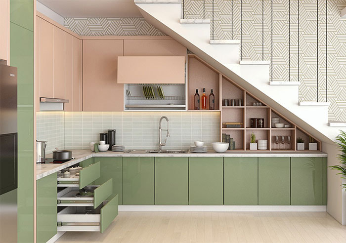 Mẫu thiết kế tủ bếp dưới cầu thang đẹp, hiện đại và tiện nghi nhất