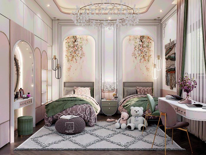 Thiết kế phòng ngủ cho 2 chị em gái với 2 chiếc giường đơn