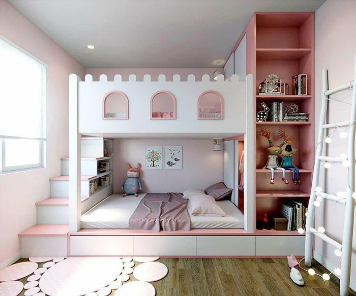Thiết kế phòng ngủ cho 2 chị em gái với giường tầng