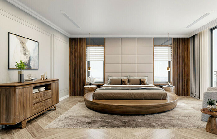 Mẫu thiết kế phòng ngủ gỗ óc chó đẹp