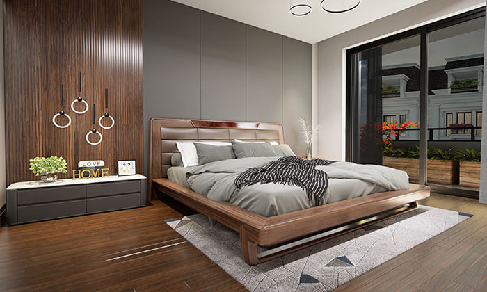 Mẫu thiết kế phòng ngủ gỗ óc chó đẹp
