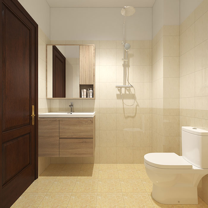 Nhà vệ sinh với gạch lát, ốp tường màu sắc nhẹ nhàng