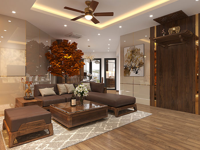 Mẫu nội thất gỗ óc chó căn hộ chung cư 130m2