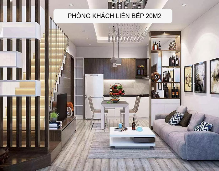 Phòng khách liền bếp 20m2 nhỏ gọn được nhiều người yêu thích